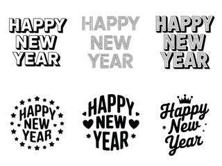 A collection of happy new year designs in various styles and arrangements black
