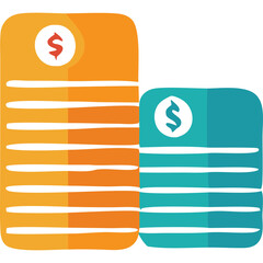 Two stacks of coins in orange and teal colors with dollar signs on a transparent background representing finance and savings