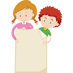 Two Smiling Children Blond And Red Haired Peeking From Behind A Blank Scroll In A White Background