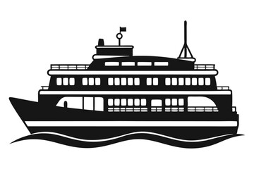 Obraz premium Black silhouette shows a large cruise ship sailing on water waves elegantly