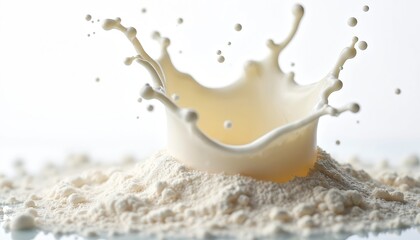 Liquid milk makes dynamic splash crown in white powder. Fresh dairy beverage droplets fly above creamy flour. Healthy natural ingredient perfect for food, drink product. Shows energy, purity,