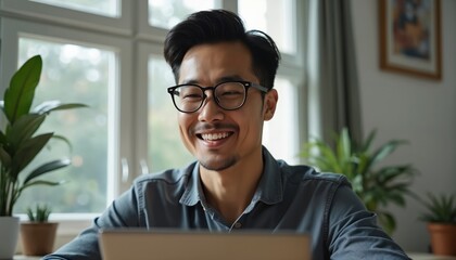 Smiling Asian man wears glasses at home. He is working online. Face of happy male during video call or remote work. Modern tech and digital communication.