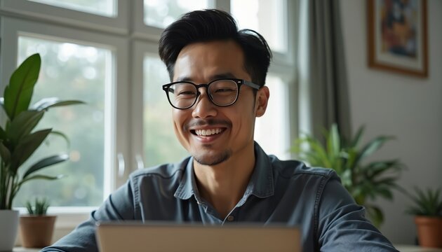 Smiling Asian man wears glasses at home. He is working online. Face of happy male during video call or remote work. Modern tech and digital communication. - Powered by Adobe