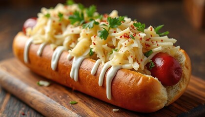 Hot dog topped with sauerkraut and herbs served on wooden board. Delicious sausage with fresh toppings ready to eat. Gourmet fast food concept for restaurant menu.