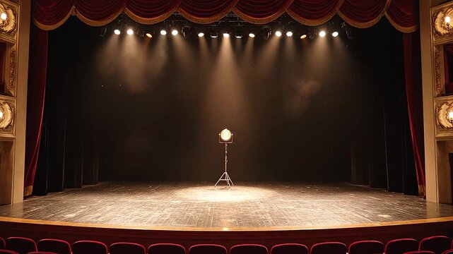 Velvet theater curtains opening slowly revealing empty stage
