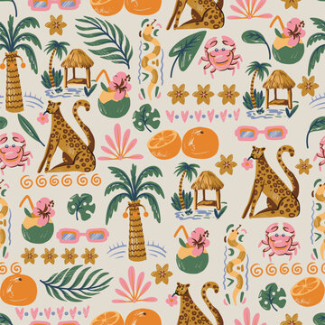 Beach summer vector seamless pattern tropical animals palm leaves fruits crab hut jungle