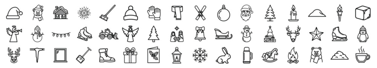 Collection of winter and Christmas line icons featuring a snowman, reindeer, Santa Claus, and festive holiday symbols in a minimalist black and white outline style