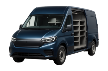 Electric work van featuring a durable cargo space and tailored shelving.