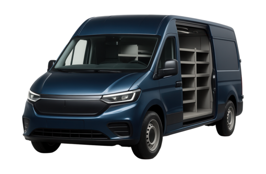 Electric work van featuring a durable cargo space and tailored shelving.