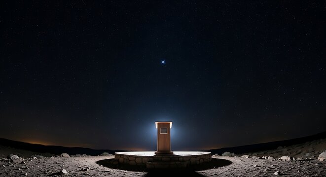 Lonely door stands under the stars, creating a surreal and mysterious scene