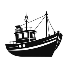 Bold silhouette showcases a classic fishing boat design on a stark white background