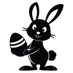 Cartoon black rabbit happily holds a striped easter egg, presenting a simple silhouette
