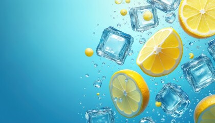 Fresh lemon slices and clear ice cubes float in cool blue water. Tiny bubbles and drops enhance this vibrant, refreshing summer beverage scene, perfect for drinks.