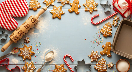 Festive holiday baking background with a frame of gingerbread cookies, candy canes, and kitchen utensils on a blue wooden surface