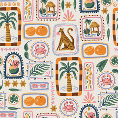 Square summer vector seamless pattern tropical animals palm leaves fruit crab hut beach © Yumeee