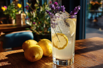 A tall clear glass filled with pale purple lavender lemonade. Several sprigs of fresh lavender and a lemon wedge are visible inside the glass.