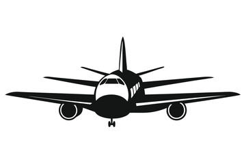 Commercial airplane with simple black silhouette is seen front on ready for takeoff