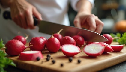 Chef hands slice radishes on wood board. Fresh vegetables prepared for meal. Cooking process in kitchen with knife and ingredients. Healthy food prep.