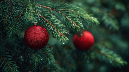 Red Christmas baubles nestled on fir branches, creating a festive winter scene.
