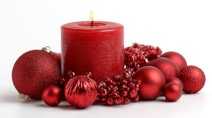 Red Christmas candle with bauble decorations, isolated on a plain background.
