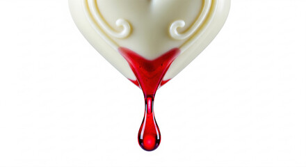 Macro close-up of a white heart shape dripping a single drop of red liquid isolated on a white background.