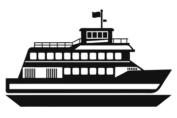 Obraz premium Isolated black silhouette showcases a sleek, multidecked ferryboat with a prominent flag atop its structure
