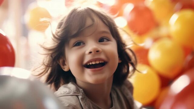 Happy young child with radiant smile and flying hair. Warm and vibrant colors create a sense of joy and wonder.