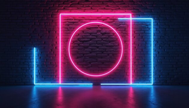 Dark brick wall forms backdrop for bright glowing neon light shapes. Large pink square, bold circle frame central scene. Blue lines create cool modern abstract design element. Reflective floor adds