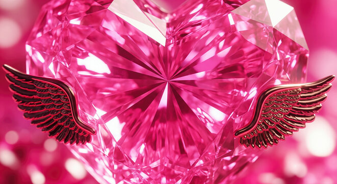 Close-up of a pink diamond heart with gold wings, symbolizing love and affection on a bright pink bokeh background.