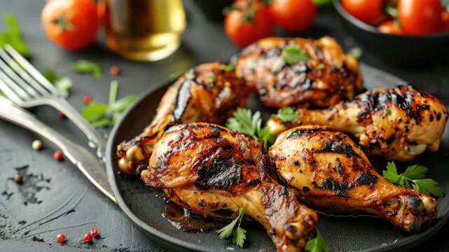 A close-up of four juicy grilled chicken drumsticks, with visible grill marks and seasonings, ready to serve on a rustic black plate surrounded by fresh herbs and spices.