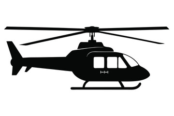 Isolated silhouette reveals the side view of a black helicopter on a white backdrop