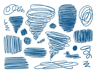 Collection of blue scribbles including swirls lines and tornado shaped forms art