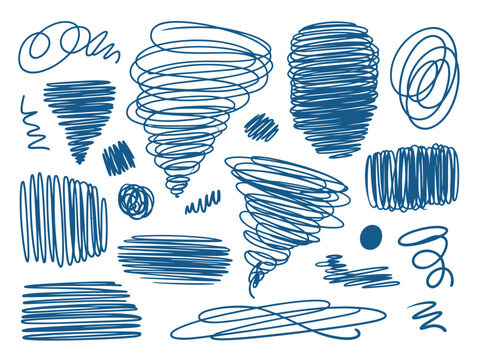 Collection of blue scribbles including swirls lines and tornado shaped forms art