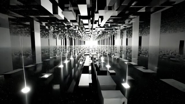 Abstract Black and White 3D Rendering: Digital Art with Geometric Symmetry in Modern Futuristic Architecture Design and Visuals