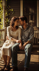 Romantic couple sitting on a wooden porch swing touching foreheads and smiling at a country home with warm sunlight and vintage film grain.