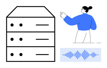 Server stack with three panels, person analyzing data, audio waveform display. Ideal for data technology, cloud computing, analytics, storage systems, audio processing, business strategy simple flat