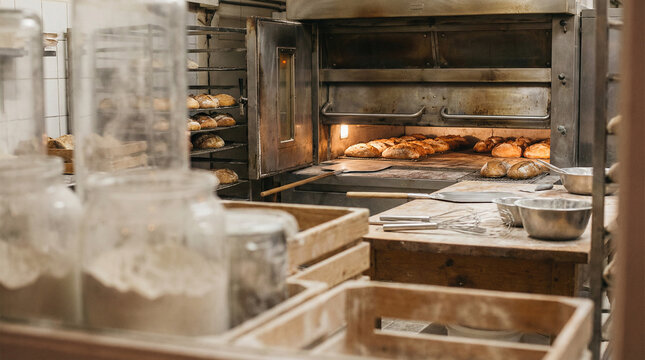 Cozy rustic bakery featuring freshly baked bread and various baking tools, suitable for food magazines or blogs.