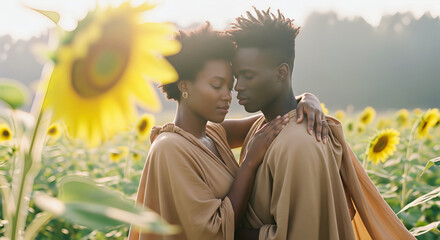 Affectionate African couple embracing in a sunflower field with soft, natural light, wearing matching neutral outfits, exuding intimacy and connection.