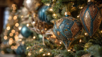 The Christmas tree is decorated with shimmering gold, teal, and bronze ornaments, set among rich green branches and sparkling lights that evoke a warm holiday ambiance.

