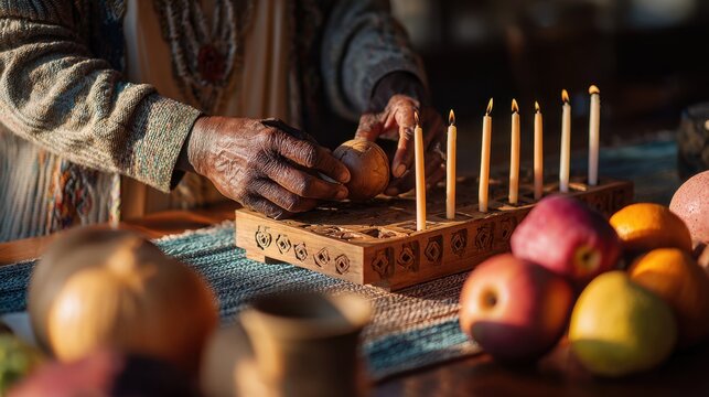 Kwanzaa celebration scene with kinara and fruits on table for cultural holiday gathering,Kwanzaa, - Powered by Adobe