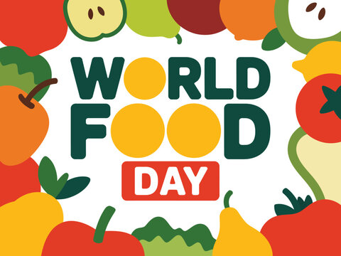 World food day illustration with fruits and vegetables border on white background