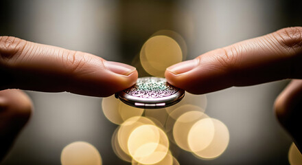Macro view of fingers holding an ornate silver locket with intricate engravings against a warm golden bokeh background.