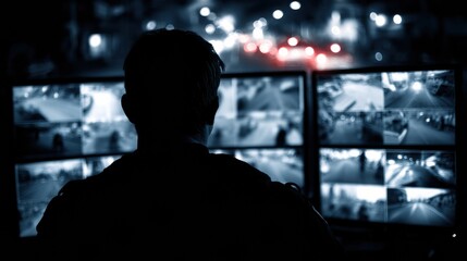 Police Cyber Unit Monitors Data Breaches Using Multiple Screens to Enhance Cybersecurity Efforts in a Dimly Lit Environment