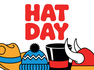 The words "HAT DAY" are displayed prominently above a collection of various hats, celebrating headwear.