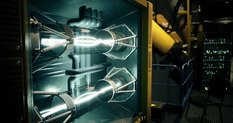 Two metallic energy conduits generate bright plasma in a high tech laboratory. The setup features intricate machinery and glowing wires, showcasing advanced technology in use.