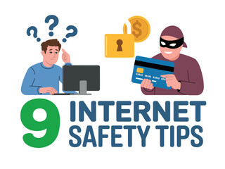 A person is confused by a computer while a hacker steals a credit card and money.