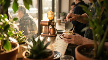 Enjoy a barista skillfully pouring milk into coffee at a cozy café, perfect for food photography or café culture themes.