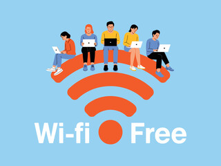 People sit on a giant Wi-Fi symbol, using laptops and tablets to access free internet.