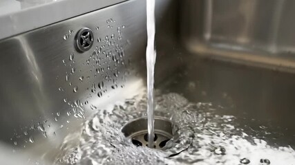 Water Running from a Modern Chrome Faucet into a Stainless Steel Kitchen Sink.