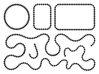 A collection of graphic shapes and wavy lines made of small black dots on a white background.